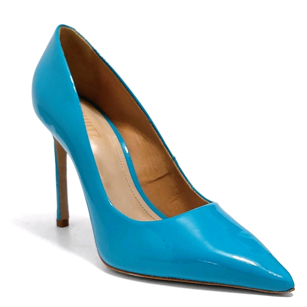 NWT Schutz‎ Lou Patent Leather Pump Heels Stilleto Pointed Toe Blue Ocean 5.5
